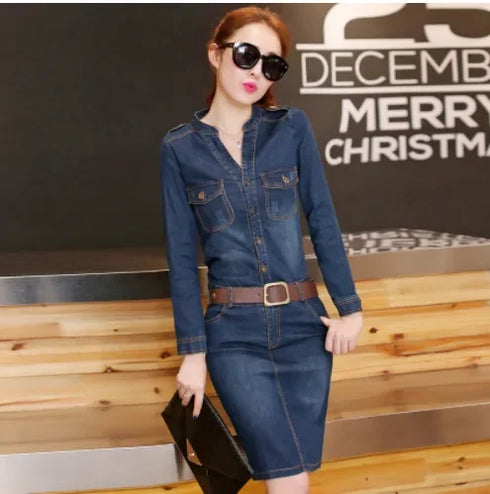 Slimming Women's Denim Dress Medium Length Short Sleeves Smooth Silhouette